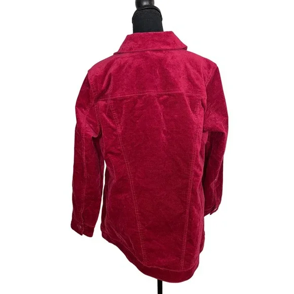 DENIM & CO RED STRETCH VELVETEEN PETITE LONG JACKET NWOT - Picture 3 of 8